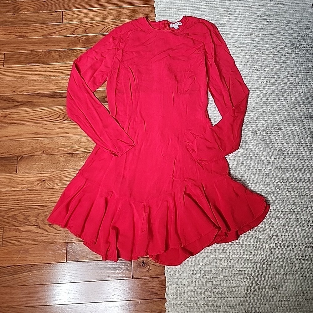 Gianni Bini Dress S Red Long Sleeve Lattice Back Crew Neck Flounce Hem Romantic‎